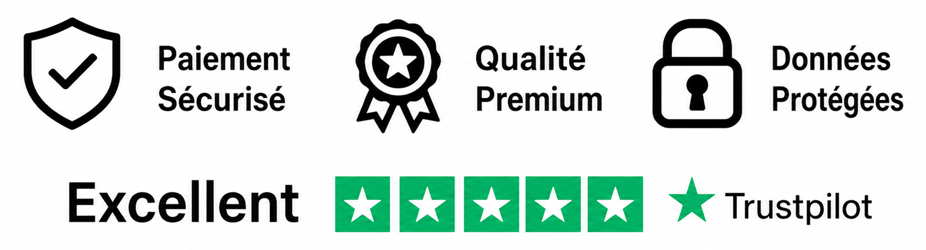 Paiement sécurisé, qualité premium, données protégées et avis Trustpilot
